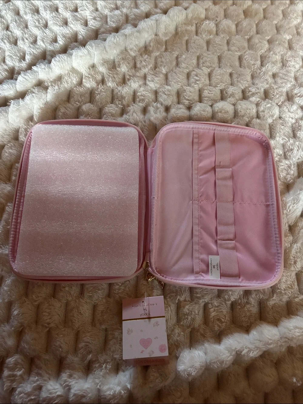 LoveShackFancy.  Pink Floral with Gold Bow Accent.  Tech organizer.